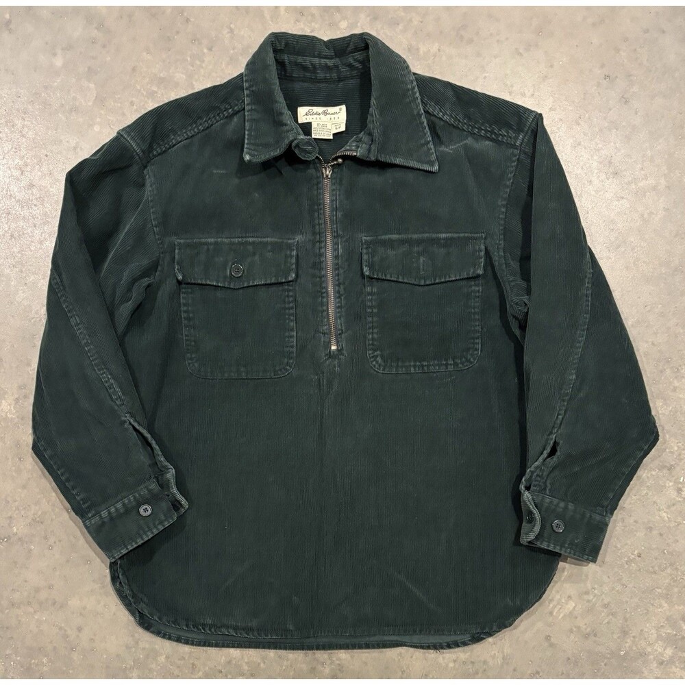 Vintage Eddie Bauer Petite S Green Corduroy Shacket Pullover Coastal Boho 90s